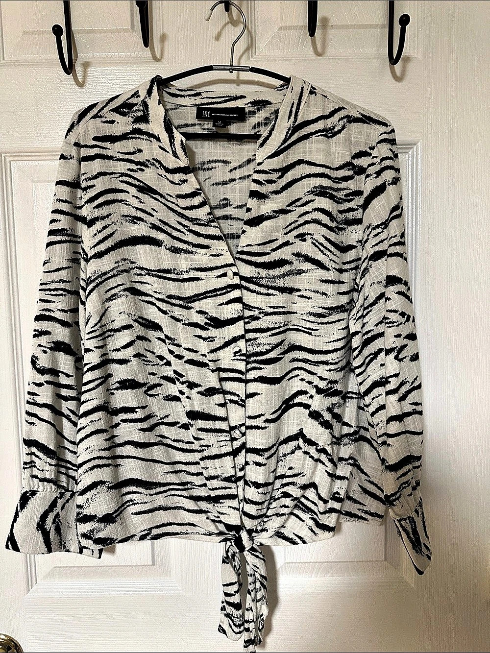 INC International Concepts Zebra Print Long Sleeve Tie-Front Blouse Tie-Front